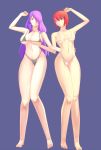  2girls bare_shoulders barefoot bikini blue_background breasts camilla_(fire_emblem_if) cleavage fire_emblem fire_emblem_if hair_over_one_eye hinoka_(fire_emblem_if) large_breasts long_hair midriff multiple_girls navel open_mouth purple_hair red_eyes redhead short_hair smile swimsuit under_boob violet_eyes 
