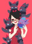  1girl artist_request black_hair crossover glasses naruto one_eye_closed pokemon red_background smile uchiha_sarada zorua 