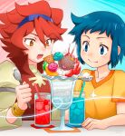  2boys blue_eyes blue_hair blush cream drinks food gundam gundam_build_fighters ice_cream iori_sei macaroons male_focus marshmallows multiple_boys pocky redhead reiji_(gundam_bf) spoon strawberry sundae torajimaneko wafers yellow_eyes 