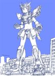  1boy blue_eyes blue_hair blush buildings giant gundam gundam_build_fighters iori_sei looking_at_viewer male_focus mecha short_hair simple_background torajimaneko 