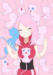  1girl artist_request bangs bare_shoulders between_breasts blue_eyes blush breasts closed_eyes crossover dress haruno_sakura mew naruto pink_background pink_hair pokemon red_dress sash short_hair simple_background sleeveless sleeveless_dress smile solo upper_body 