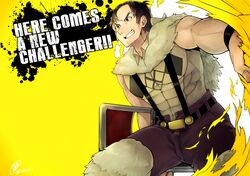  1boy abs arm_hair belt beowulf_(skullgirls) black_hair chair folding_chair grin male_focus muscle pelt short_hair skullgirls smile stubble suspenders teeth the_hurting vandyke_brown 