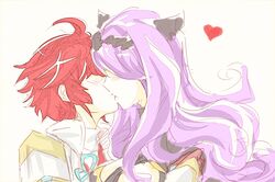  2girls armor between_breasts blush breasts camilla_(fire_emblem_if) fire_emblem fire_emblem_if hair_ornament hair_over_one_eye heart hinoka_(fire_emblem_if) kiss lips long_hair multiple_girls purple_hair redhead scarf short_hair yuri 