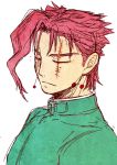  1boy chinjuu_hibakichi earrings gakuran jewelry jojo_no_kimyou_na_bouken kakyouin_noriaki male_focus redhead scar school_uniform short_hair simple_background stitches 