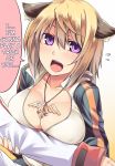  1girl aaru_(tenrake_chaya) animal_ears arm_grab blonde_hair breasts charlotte_dunois cleavage dog_ears female hard_translated highres infinite_stratos jewelry kemonomimi_mode large_breasts necklace open_mouth smile solo translated violet_eyes 