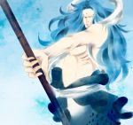  1boy blue_hair fukaboshi male_focus merman monster_boy one_piece prince solo trident weapon 