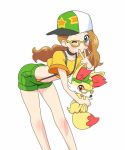  10s 1girl artist_request ass bent_over bespectacled blonde_hair blue_eyes blush breasts choker crop_top crop_top_overhang fennekin glasses hat long_hair midriff navel nintendo pokemon pokemon_(anime) pokemon_(game) pokemon_xy pose serena_(pokemon) short_shorts shorts small_breasts suspenders wink 