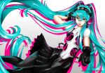  1girl aqua_eyes aqua_hair black_hair hand_on_headphones hatsune_miku headphones hikarisoul persona persona_4:_dancing_all_night pointing pointing_at_viewer skirt smile solo twintails very_long_hair vocaloid 