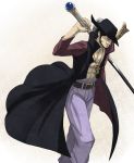  1boy abs black_hair chinstrap dracule_mihawk facial_hair fighting_stance hat lining male_focus one_piece open_clothes open_shirt popped_collar shirt solo sword walking weapon yellow_eyes yoru_(one_piece) 