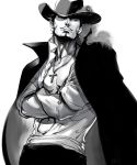  1boy crossed_arms dracule_mihawk hat hat_feather jacket_on_shoulders jewelry male_focus monochrome muscle necklace one_piece open_clothes open_shirt realistic shirt solo spot_color yellow_eyes 
