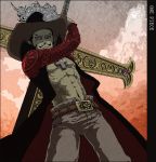  1boy abs belt black_hair black_hat copyright_name cowboy_shot cross_necklace dracule_mihawk facial_hair fighting_stance hat hat_feather lining male_focus one_piece open_clothes popped_collar solo sword weapon yellow_eyes yoru_(one_piece) 