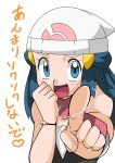  1girl beanie blue_eyes blue_hair female hainchu hat hikari_(pokemon) long_hair looking_at_viewer navel nintendo pokemon translated 