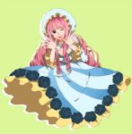  1girl artist_request blue_rose bonnet flower hood one_piece perona pink_hair rose solo source_request wink 