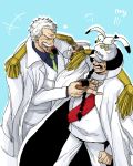  2boys jacket_on_shoulders male_focus marine monkey_d_garp multiple_boys one_piece sengoku_(one_piece) 