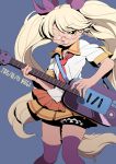  1girl artist_request blonde_hair dog female furry glasses guitar instrument one_eye_closed retoree school_uniform show_by_rock!! simple_background skirt solo thigh-highs twintails uniform 
