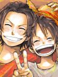  2boys brothers closed_eyes family freckles hat male_focus monkey_d_luffy multiple_boys one_piece portgas_d_ace scar siblings smile straw_hat v younger 