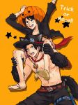  2boys artist_request brothers carrying costume gloves halloween hat jack-o&#039;-lantern jewelry male_focus monkey_d_luffy multiple_boys necklace one_piece orange_background paw_gloves portgas_d_ace pumpkin sandals siblings stampede_string tail thigh_strap 