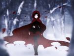  1girl boots breasts cape grey_eyes hood lolita_fashion petals rose_petals ruby_rose rwby short_hair snow thigh-highs tree 