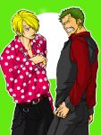  2boys angry blonde_hair green_hair male_focus multiple_boys one_piece polka_dot polka_dot_shirt roronoa_zoro sanji shirt 