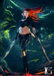  1girl boots breasts cleavage dagger dual_wielding green_eyes katarina_du_couteau kevin_glint league_of_legends midriff navel redhead scar solo stomach sword thigh_holster thong weapon 