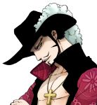  1boy black_hair black_hat chinstrap crossed_arms dracule_mihawk facial_hair hat hat_feather jewelry male_focus necklace one_piece open_clothes open_shirt shirt solo yellow_eyes 