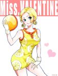  1girl baroque_works blonde_hair character_name dress earrings gloves jewelry lemon_print miss_valentine one_piece solo 
