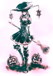  1girl boots breasts broom cleavage halloween hat jack-o&#039;-lantern lantern long_hair original pumpkin simple_background smile solo thigh_boots white_background witch witch_hat 