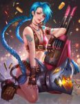  1girl :p bikini_top black_gloves blue_hair blue_nails boots bottomless braid breasts bullet cannon cleavage fingerless_gloves full_body garters gloves gun huge_gun jinx_(league_of_legends) league_of_legends long_hair midriff nail_polish navel red_eyes small_breasts solo stomach tattoo tongue tongue_out twin_braids twintails weapon yang_fan 