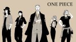  1girl 4boys bird copyright_name hat hattori_(one_piece) iceburg jacket_on_shoulders kaku_(one_piece) kalifa monochrome multiple_boys one_piece paulie pigeon rob_lucci suit top_hat water_7 