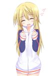  1girl aosi_(wasabiranzy) blonde_hair blush charlotte_dunois closed_eyes hair_down happy hard_translated infinite_stratos long_hair long_sleeves no_pants open_mouth solo text track_jacket translated white_background 