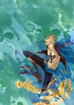  1boy blonde_hair blue_fire fiery_wings fire flying male_focus marco one_piece open_clothes open_shirt pirate shirt solo tattoo transformation whitebeard_pirates wings 
