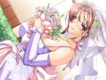  1girl blush bouquet breasts brown_hair cleavage detached_sleeves female flower game_cg hitozuma_kasumi-san hitozuma_kasumi-san_2 hitozuma_kasumi-san_2_oku-sama_miboujin_owner_to_kyodou_seikatsu large_breasts looking_at_viewer matsubara_kasumi milf mole no_glasses solo sumeragi_kohaku tinkerbell_(company) violet_eyes wedding_dress wedding_ring 