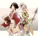  1boy 1girl armor black_hair book boots bra breasts cape cleavage conway_tau earrings eyepatch gloves grey_hair jewelry long_hair midriff pants ponytail qq_selesneva scarf short_hair shorts smile spear tales_of_(series) tales_of_innocence tattoo underwear violet_eyes weapon yellow_eyes 