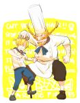  2boys amputee apron blonde_hair chef_hat facial_hair hat multiple_boys mustache one_piece peg_leg sanji travessinglethe younger zeff 