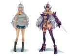  1girl armor bare_legs bare_shoulders blue_eyes breasts casual cleavage dark_skin female full_body long_hair looking_at_viewer short_shorts shorts smile solo standing t-elos under_boob weapon white_hair xeno_(series) xenosaga 