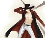  1boy abs black_hair dracule_mihawk fighting_stance hat male_focus one_piece open_clothes open_shirt shirt solo sword yoru_(one_piece) 