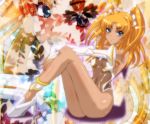  1girl ass bare_legs blonde_hair blue_eyes breasts dark_skin female futaba_lili_ramses high_heels legs leotard long_hair looking_at_viewer navel r-wade shiny shiny_skin small_breasts smile tentacle tentacle_and_witches 