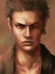  1boy earrings f_(zxc0000) green_hair jewelry looking_at_viewer male_focus one-eyed one_piece painterly realistic roronoa_zoro scar scar_across_eye short_hair solo 