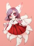  1girl artist_request female fox full_body furry japanese_clothes long_hair miko multiple_tails purple_hair red_eyes simple_background skirt solo tail 