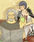  1boy 1girl beard bob_cut coffee_mug couple facial_hair newspaper one_piece sabaody_archipelago shakuyaku_(one_piece) silvers_rayleigh sitting smoking 