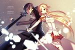  1boy 1girl asuna_(sao) back-to-back black_hair brown_hair coat collaboration kirito long_hair rosuuri sheath sword sword_art_online zenithomocha 