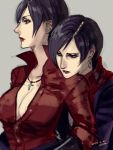  2girls ada_wong artist_name black_hair breasts brown_eyes carla_radames cleavage cross earrings elina_kuroe_no_daarin hug hug_from_behind jewelry lipstick makeup multiple_girls necklace resident_evil resident_evil_6 short_hair yuri 