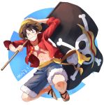  1boy abs denim denim_shorts flag hand_on_hat hat jolly_roger male_focus monkey_d_luffy one_piece open_clothes open_shirt pirate pirate_flag red_shirt sandals sash scar shirt shorts solo somemiya_suzume straw_hat teeth 