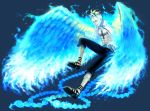  1boy blonde_hair blue_fire fiery_wings fire itsuki_(nightlight) male_focus marco one_piece open_clothes open_shirt sandals shirt solo transformation whitebeard_pirates 