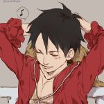  1boy black_hair hat male_focus monkey_d_luffy one_piece open_clothes open_shirt red_shirt scar shirt solo stampede_string straw_hat 