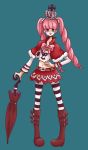  1girl bangs boots one_piece perona pink_hair skirt solo standing striped_legwear twintails umbrella 