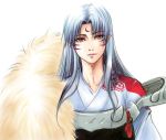  1boy armor bishounen crescent_moon_symbol facial_mark forehead_mark fur hexagon honeycomb_pattern inuyasha long_hair looking_at_viewer male_focus pointy_ears sesshoumaru simple_background slit_pupils solo sumomo_(pixiv696745) tassel white_background white_hair yellow_eyes 