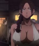  1girl alex_benedetto bare_shoulders bow braid breasts brown_hair cleavage dark_skin dress earrings female gangsta highres huge_breasts jewelry large_breasts long_hair open_mouth screencap stitched violet_eyes white_dress 