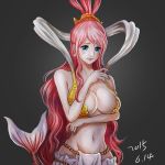  10s 1girl 2015 breasts female gradient gradient_background lt mermaid monster_girl one_piece pink_hair shirahoshi solo 