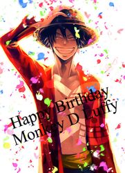 1boy birthday closed_eyes hand_on_hat hat male_focus monkey_d_luffy one_piece scar smile solo straw_hat 